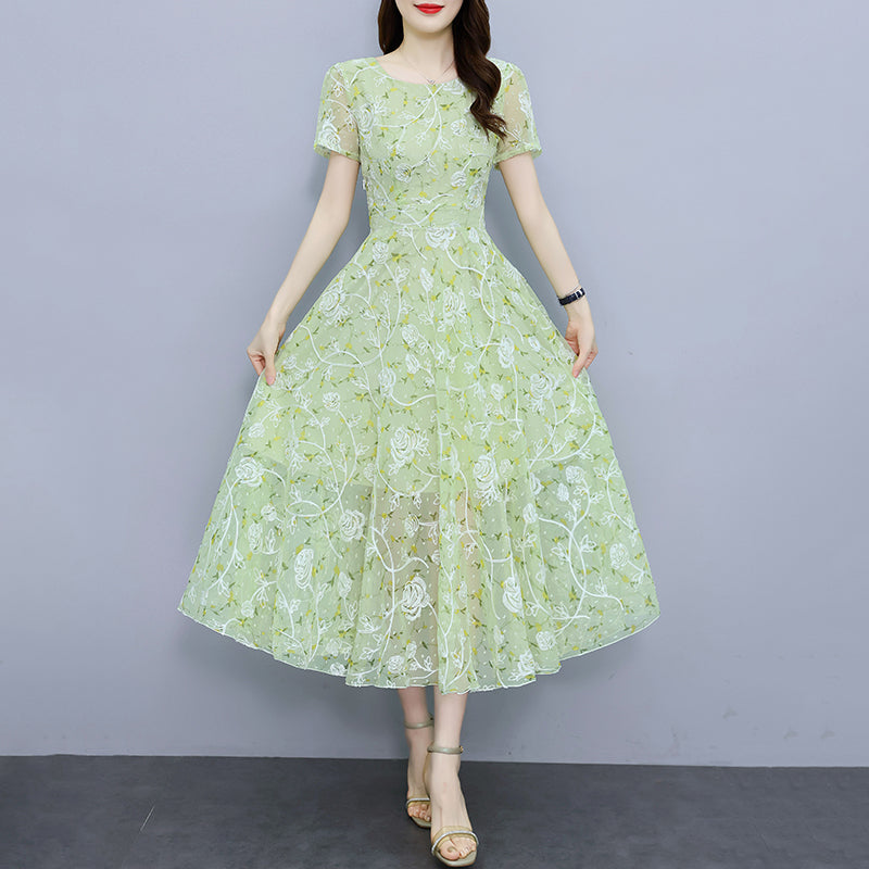 Sage Green Floral Mesh Short Sleeve Midi Dress - Elegant A-Line Garden Party Dress