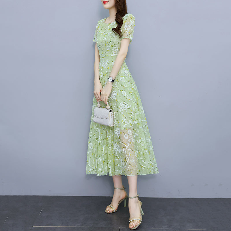Sage Green Floral Mesh Short Sleeve Midi Dress - Elegant A-Line Garden Party Dress
