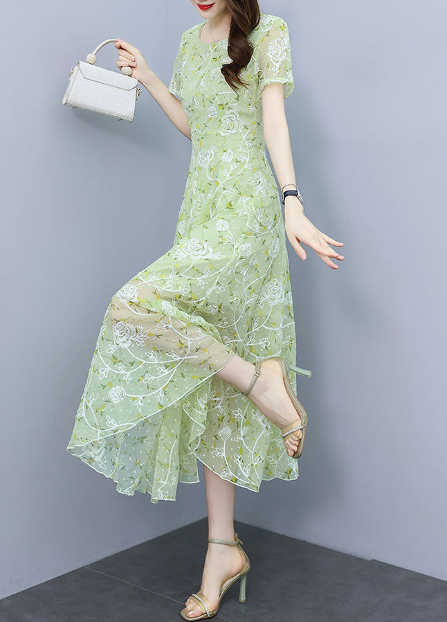 Sage Green Floral Mesh Short Sleeve Midi Dress - Elegant A-Line Garden Party Dress