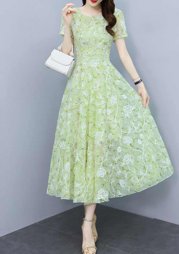 Sage Green Floral Mesh Short Sleeve Midi Dress - Elegant A-Line Garden Party Dress
