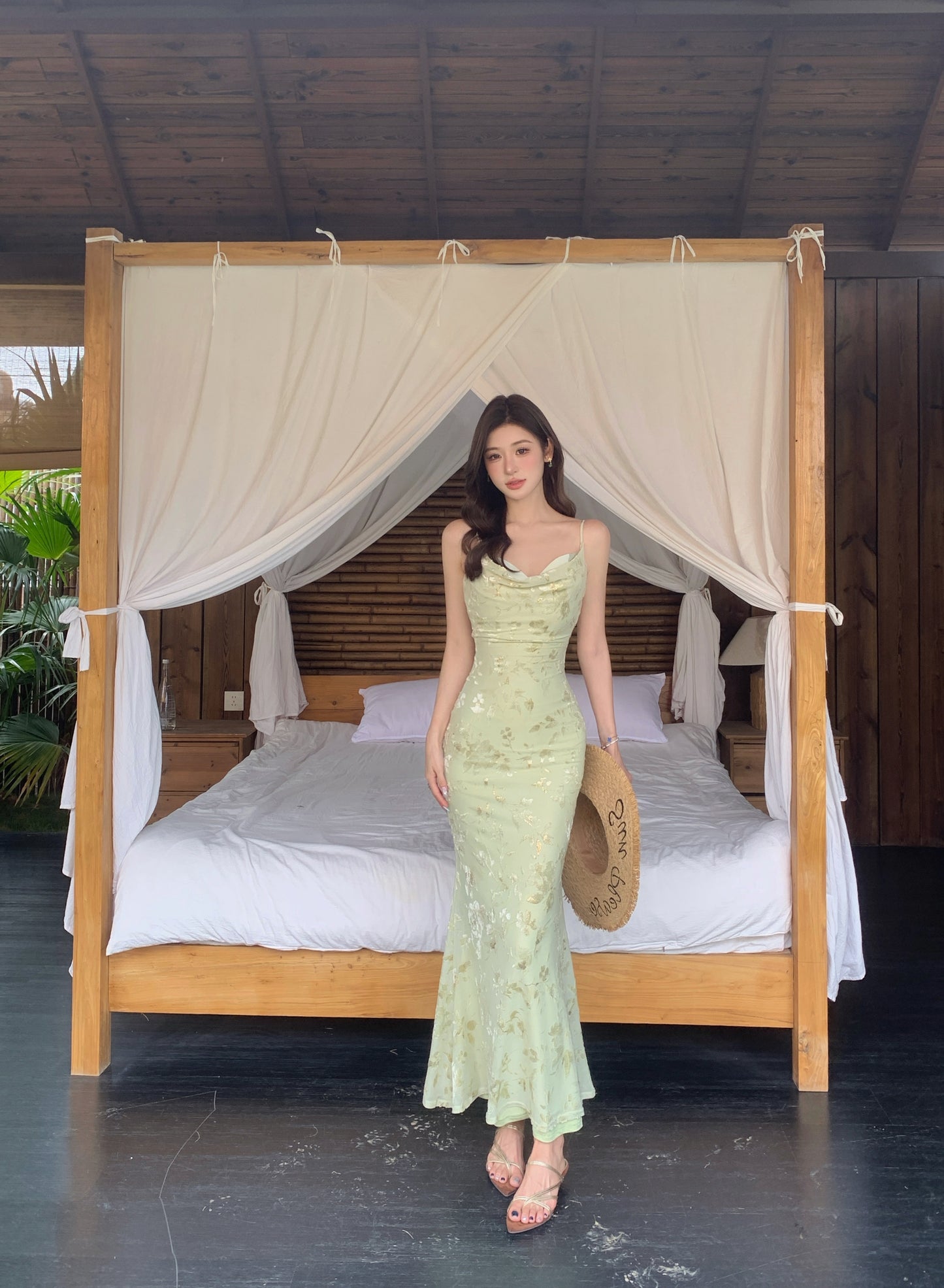 Sage Green Floral Lace Maxi Dress
