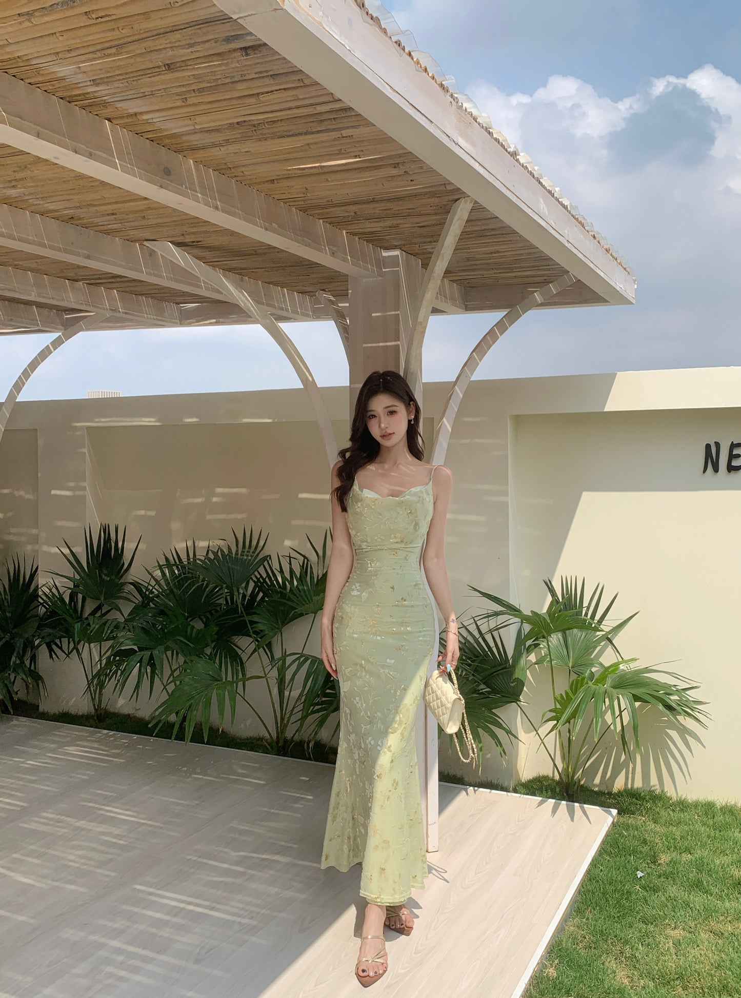 Sage Green Floral Lace Maxi Dress