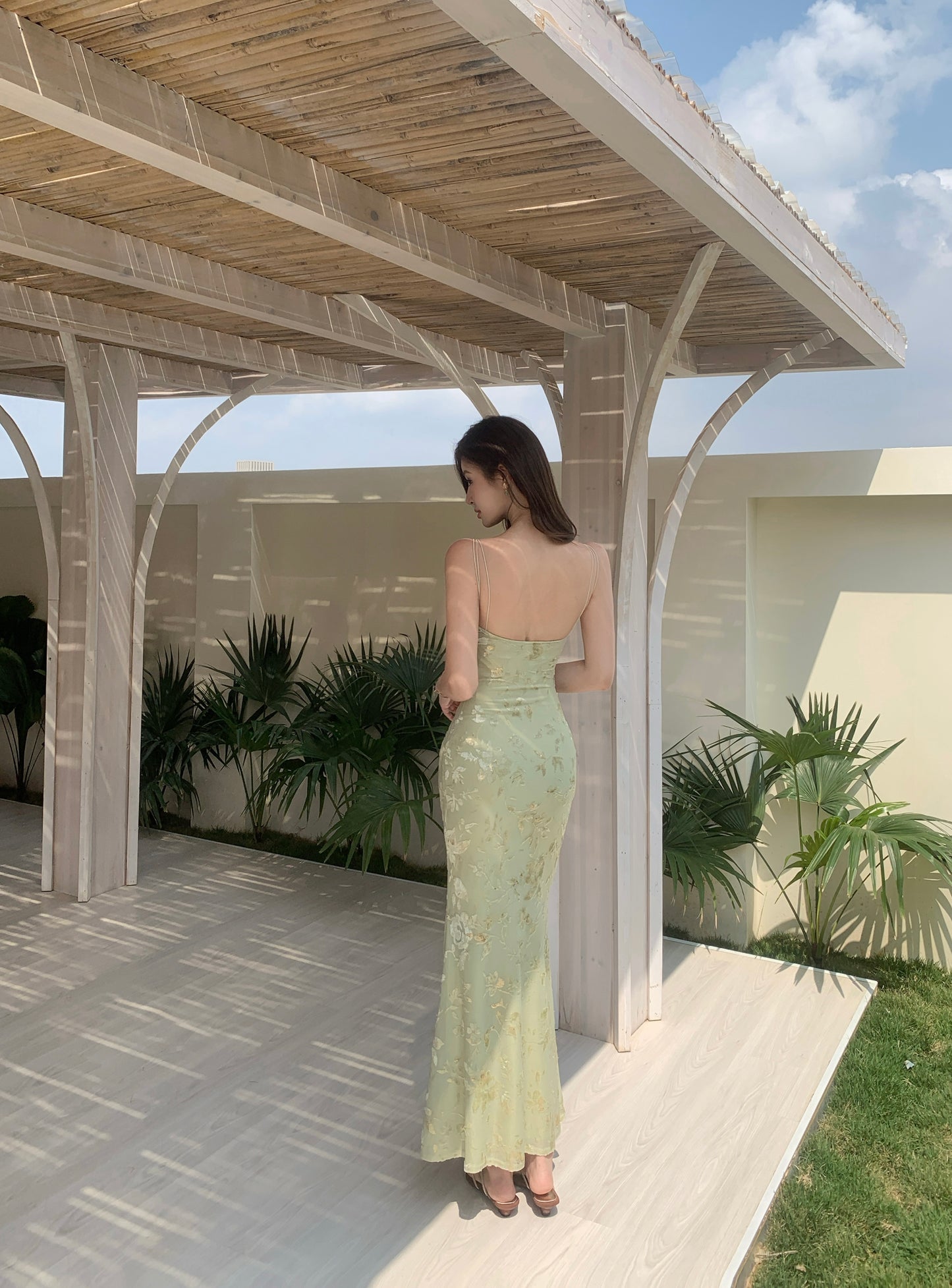 Sage Green Floral Lace Maxi Dress