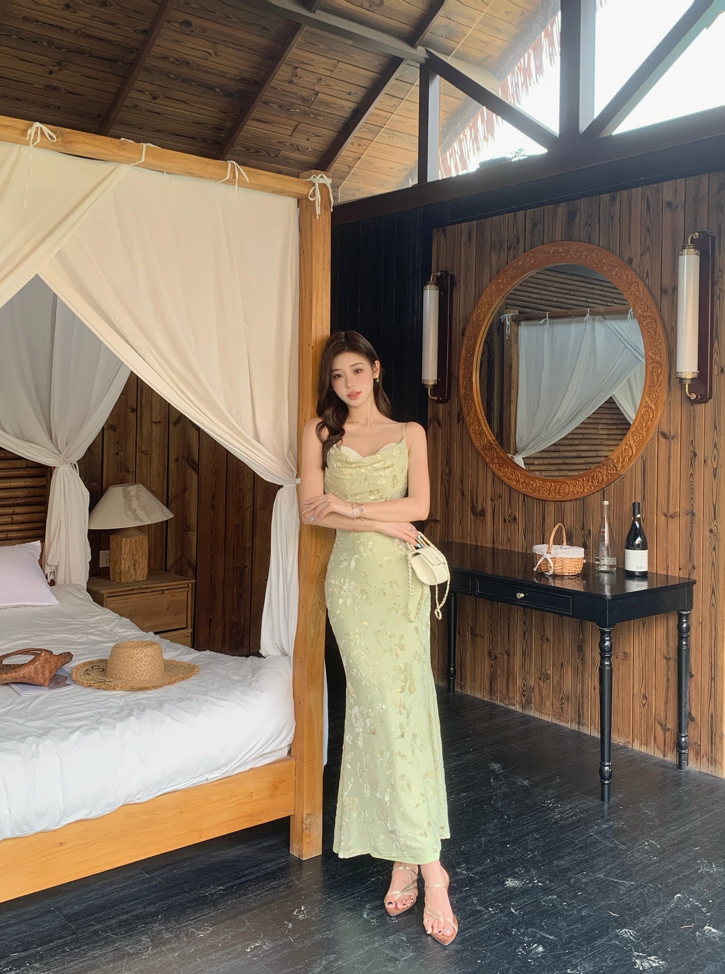 Sage Green Floral Lace Maxi Dress