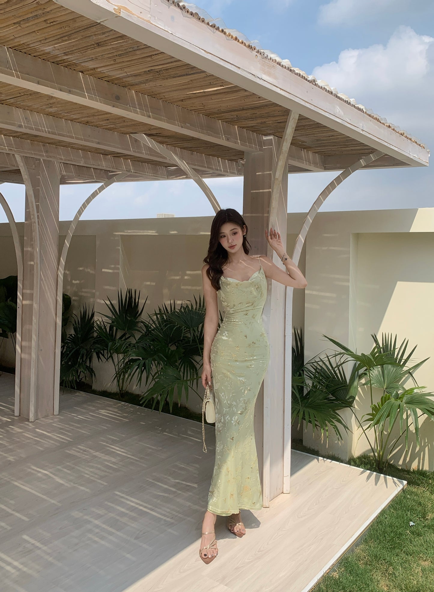 Sage Green Floral Lace Maxi Dress