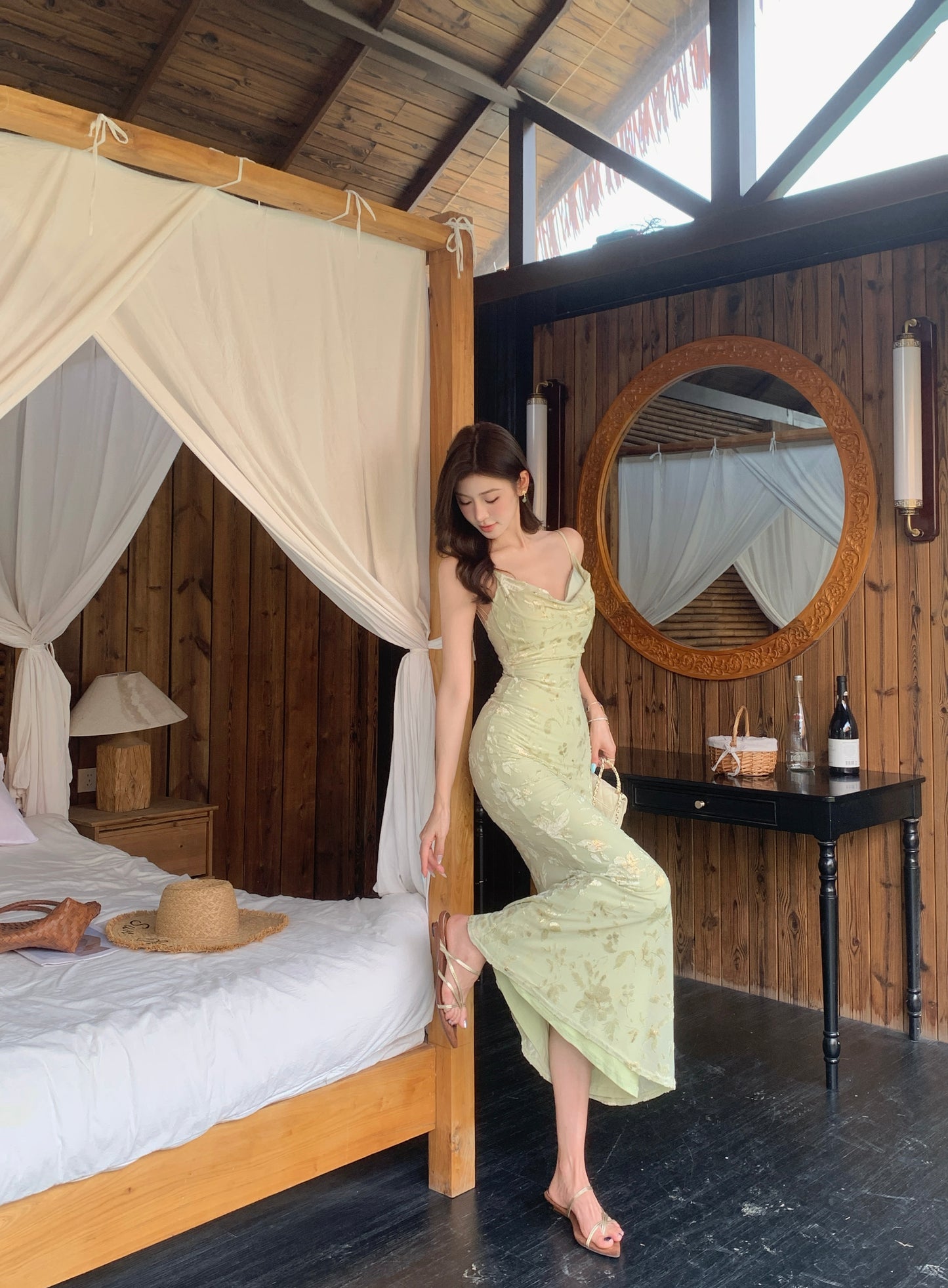Sage Green Floral Lace Maxi Dress