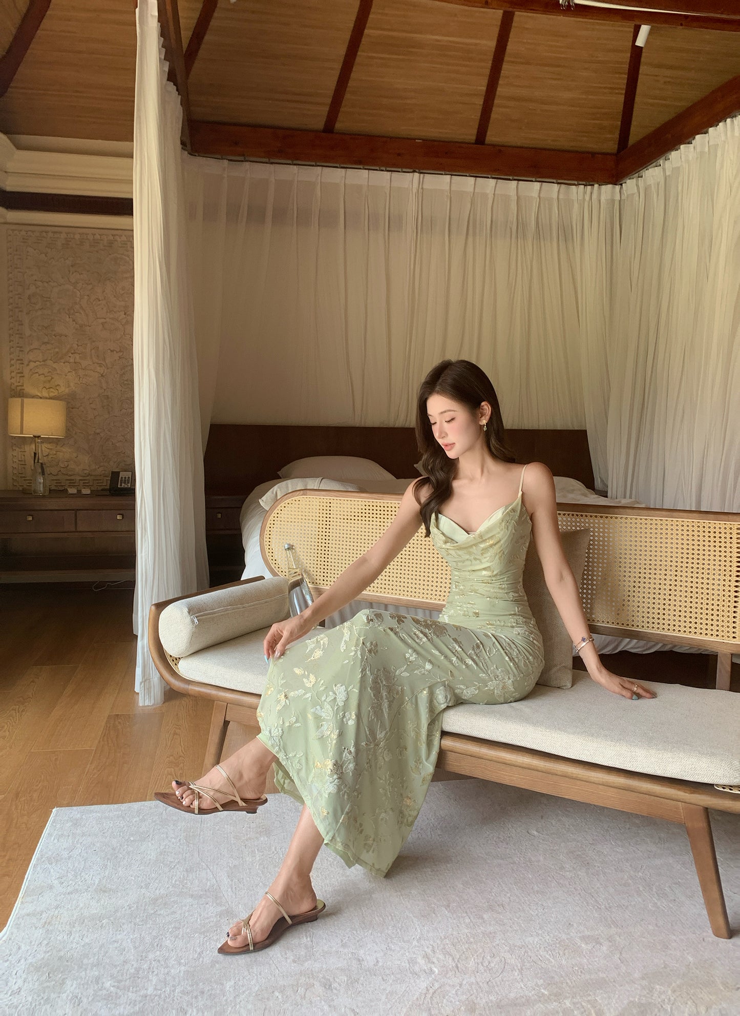 Sage Green Floral Lace Maxi Dress