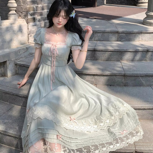 Sage Green Puff Sleeve Lace Trim Midi Dress with Pink Ribbons