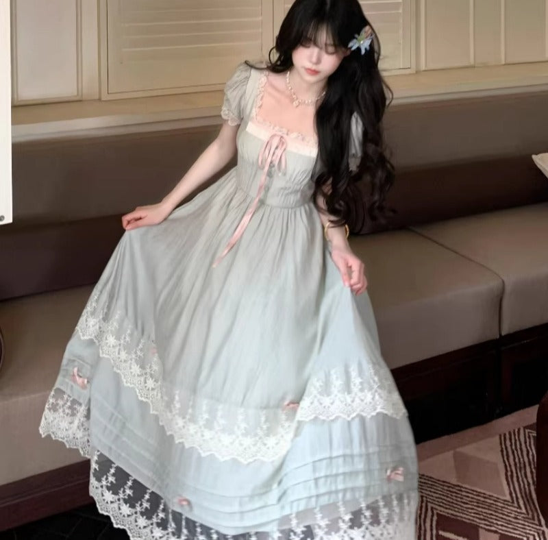 Sage Green Puff Sleeve Lace Trim Midi Dress with Pink Ribbons
