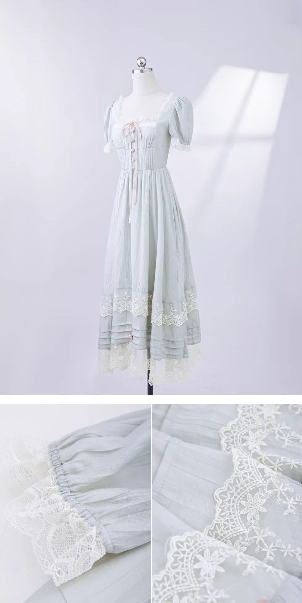 Sage Green Puff Sleeve Lace Trim Midi Dress with Pink Ribbons