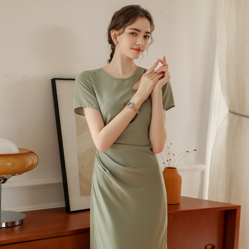 Sage Green Side-Gathered Short Sleeve Midi