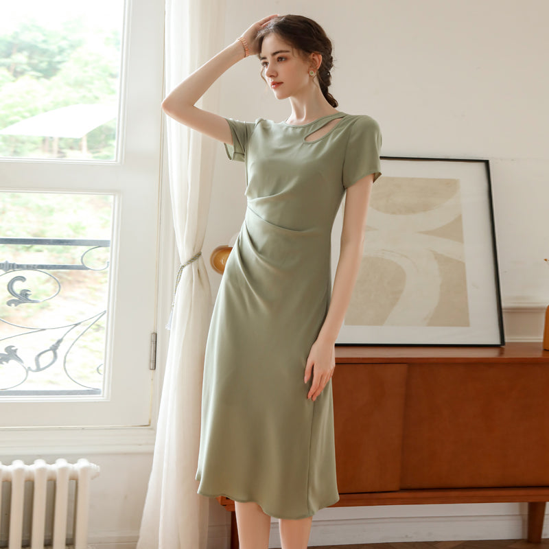 Sage Green Side-Gathered Short Sleeve Midi