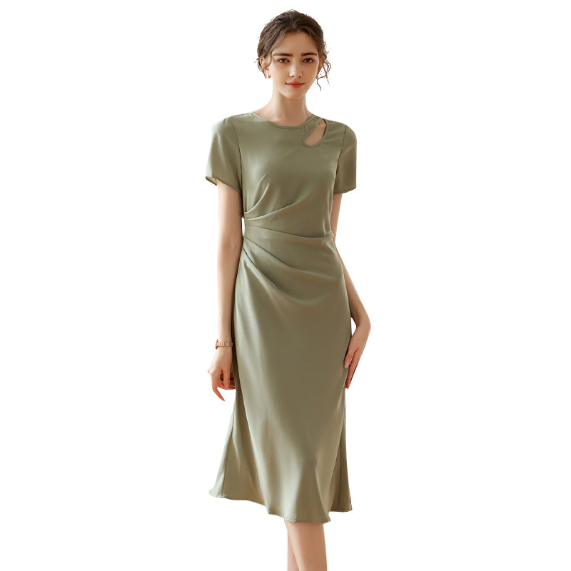 Sage Green Side-Gathered Short Sleeve Midi