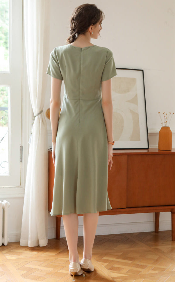 Sage Green Side-Gathered Short Sleeve Midi