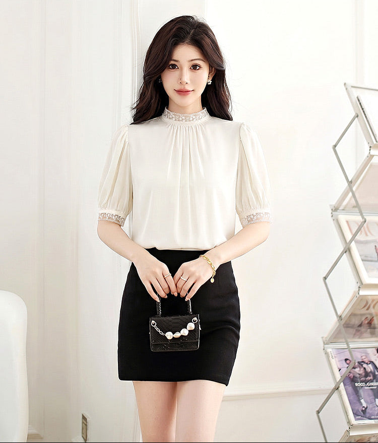 Genevieve Lace Trim Satin Blouse