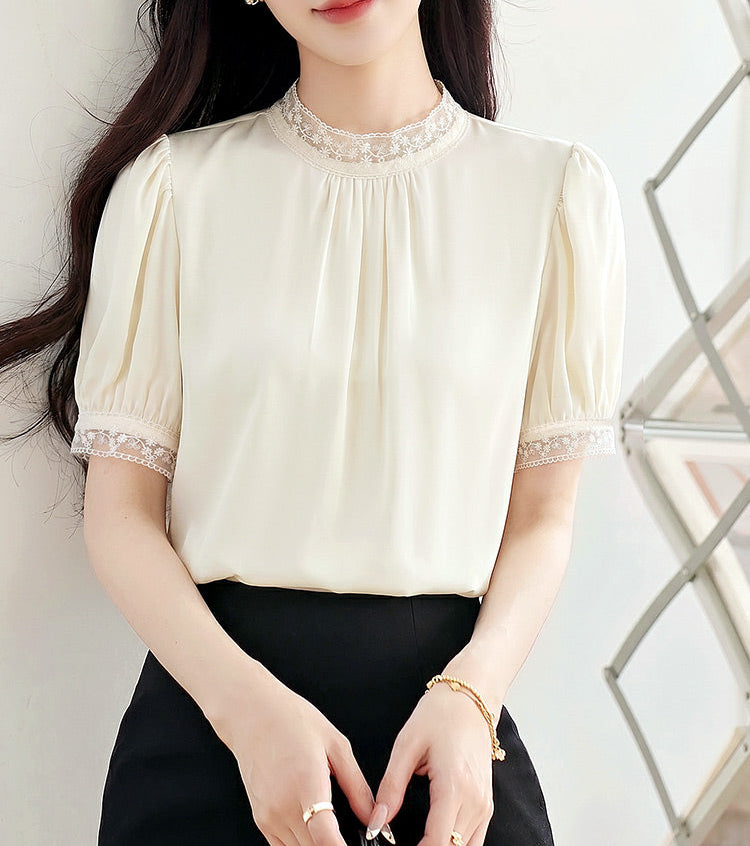 Genevieve Lace Trim Satin Blouse