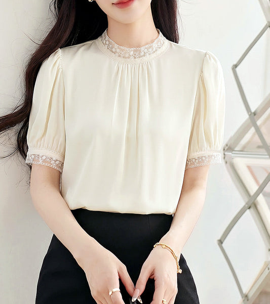 Genevieve Lace Trim Satin Blouse