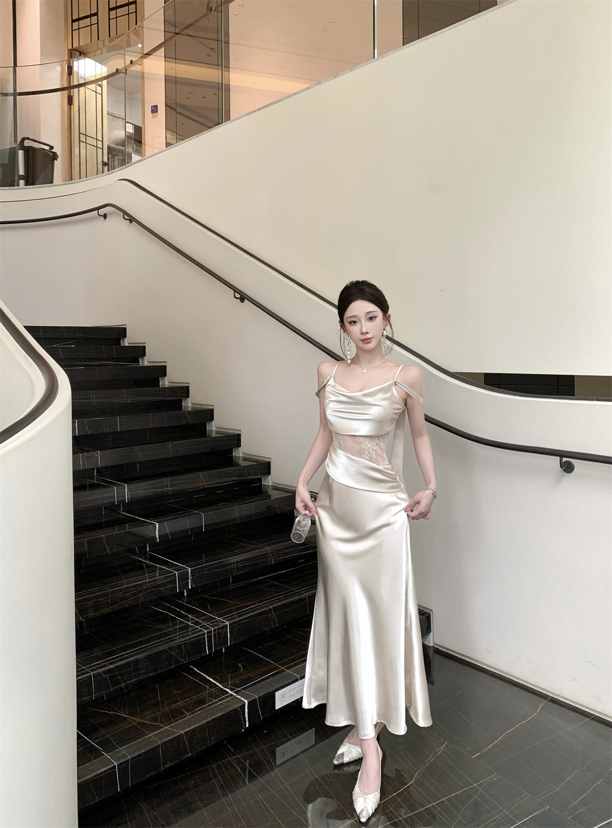 Satin Dress with Lace Waist Cutout Evening Gown