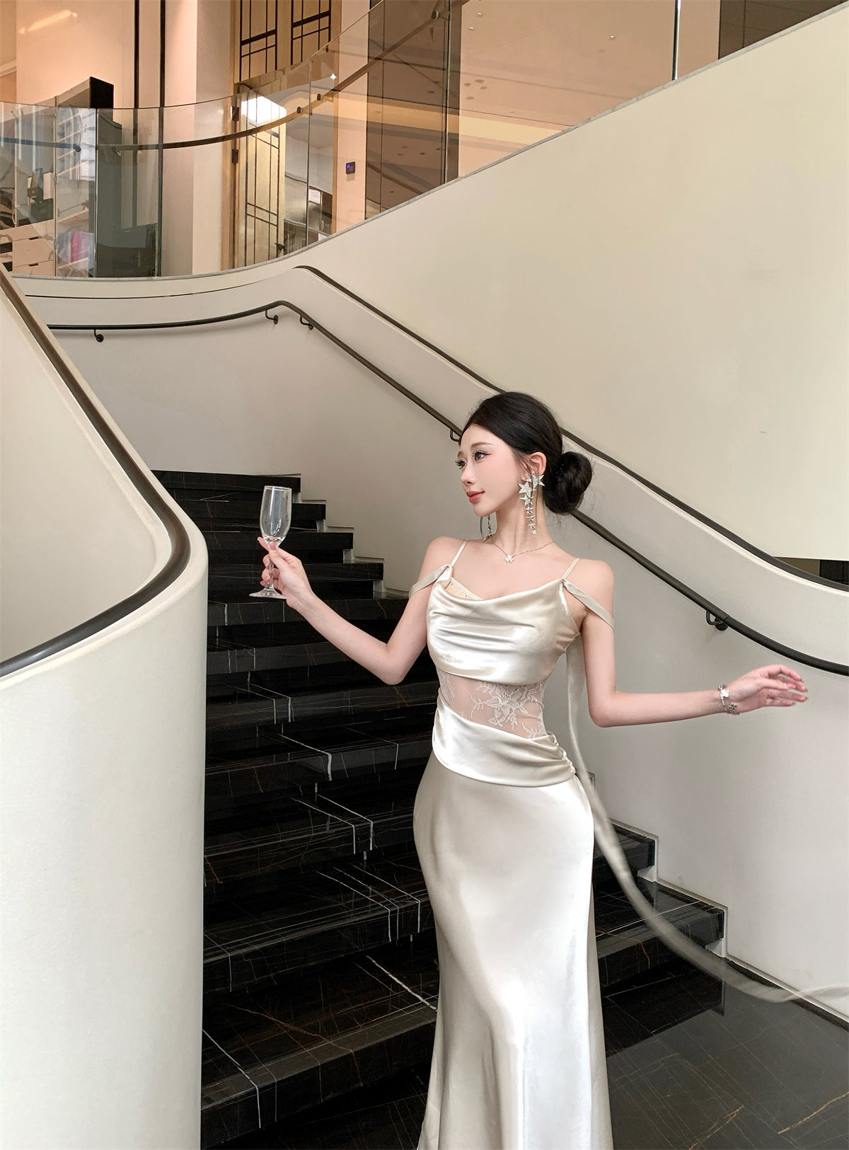 Satin Dress with Lace Waist Cutout Evening Gown