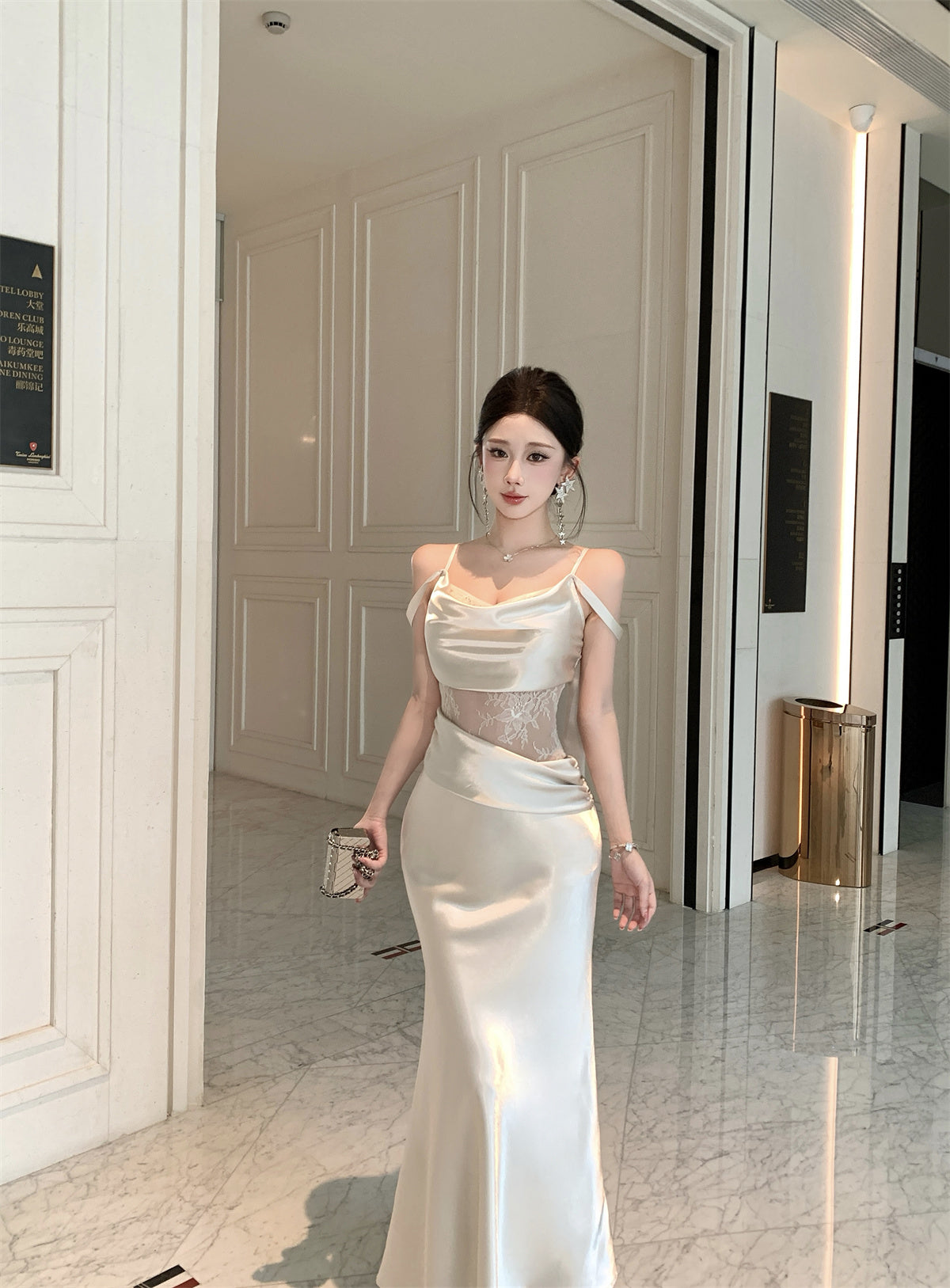 Satin Dress with Lace Waist Cutout Evening Gown