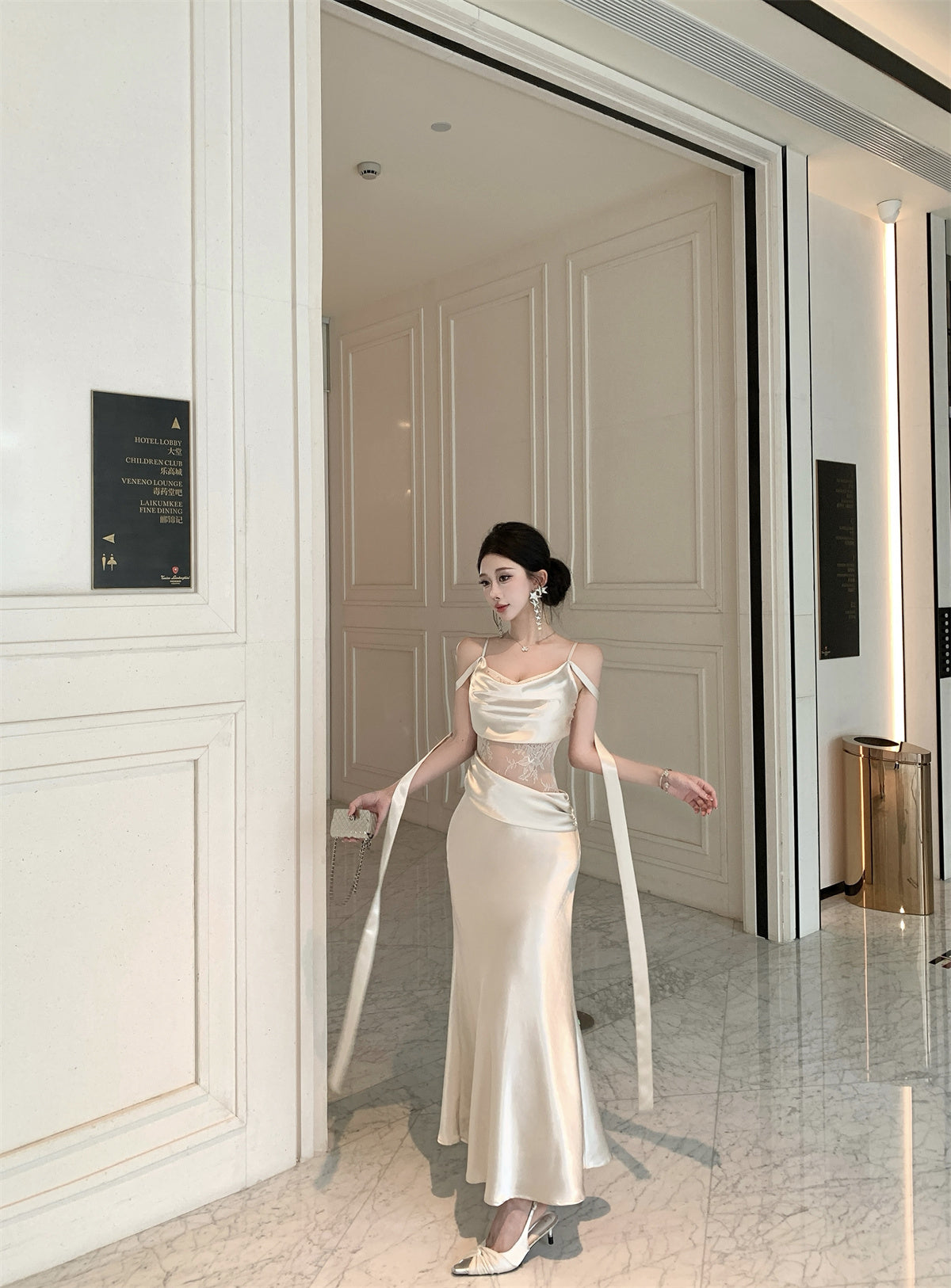 Satin Dress with Lace Waist Cutout Evening Gown