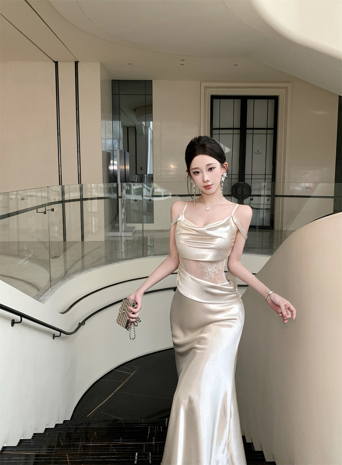 Satin Dress with Lace Waist Cutout Evening Gown