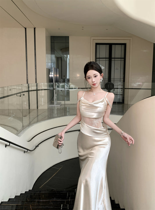 Satin Dress with Lace Waist Cutout Evening Gown