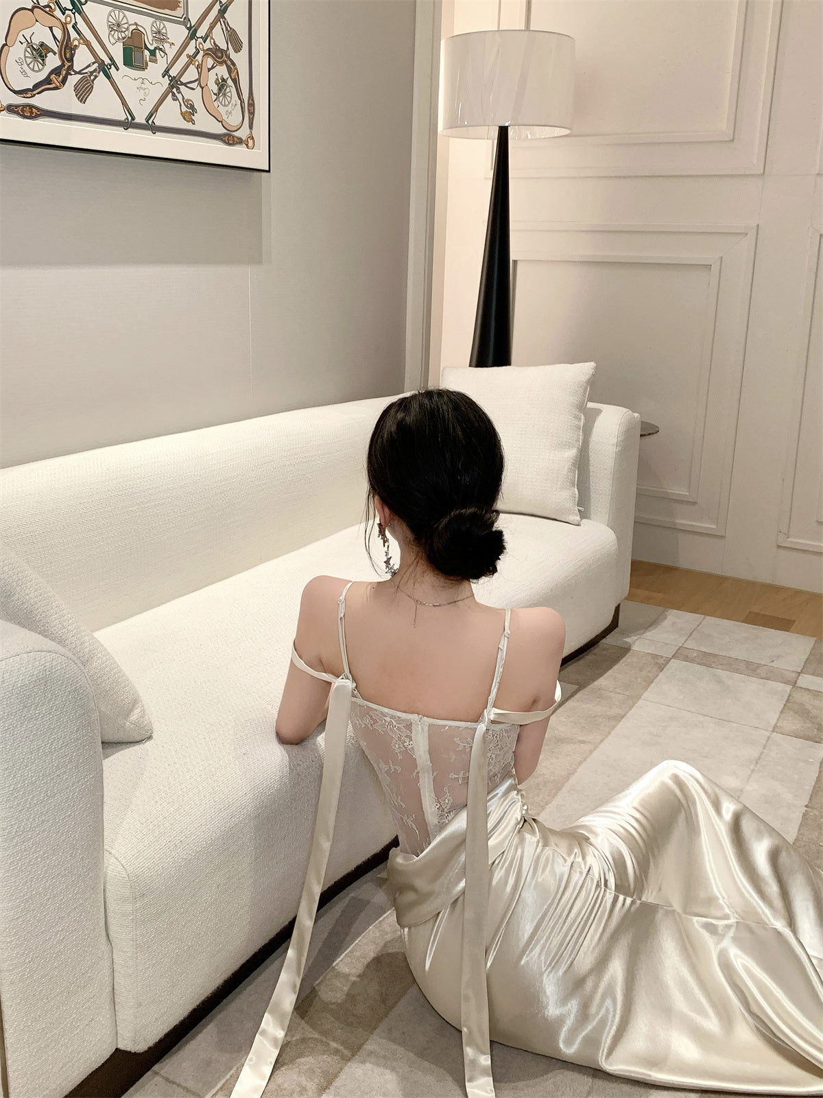 Satin Dress with Lace Waist Cutout Evening Gown