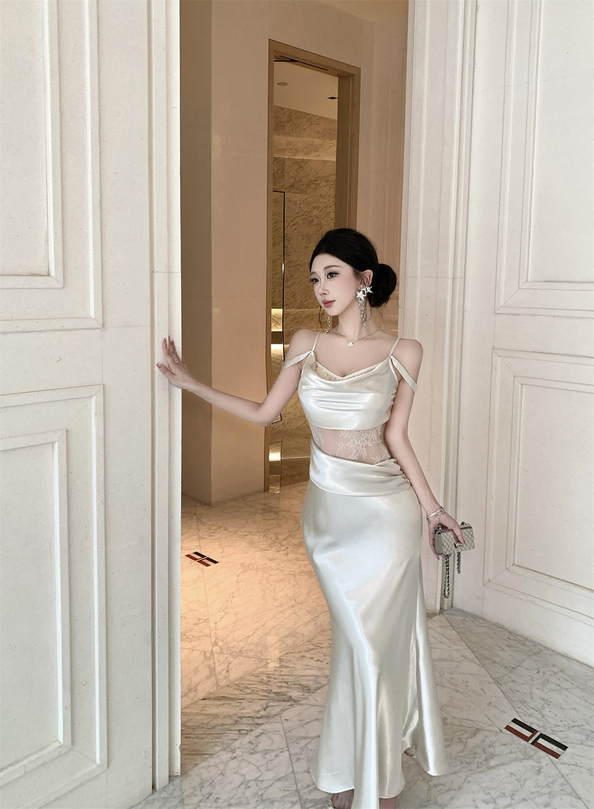 Satin Dress with Lace Waist Cutout Evening Gown