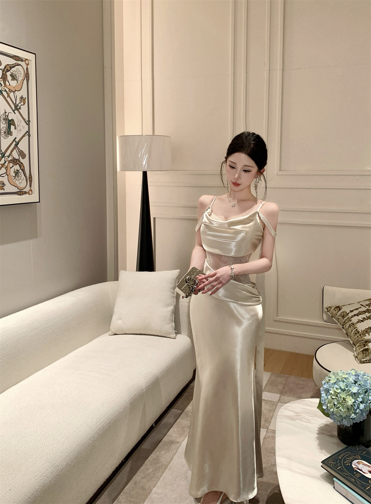 Satin Dress with Lace Waist Cutout Evening Gown
