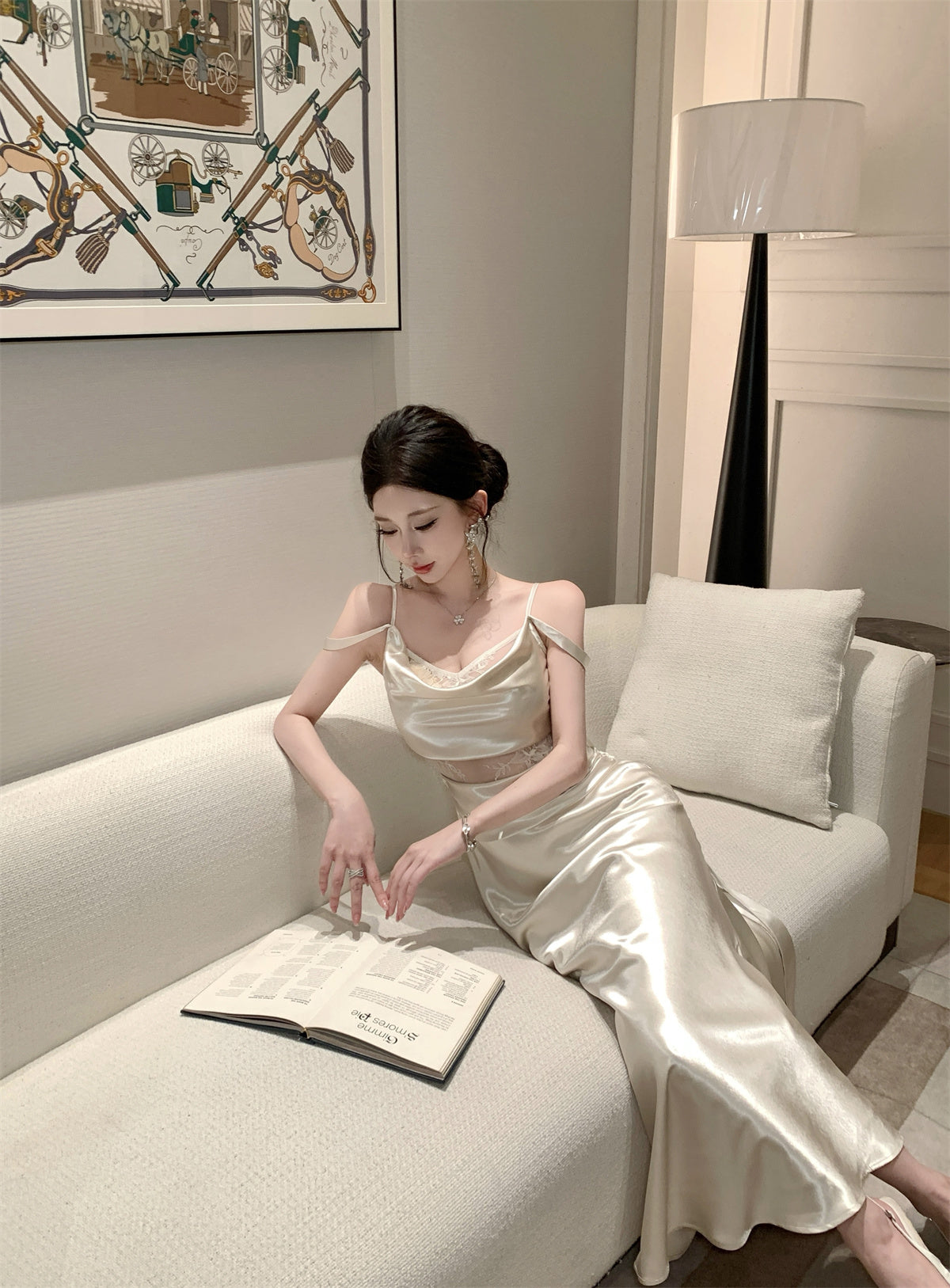 Satin Dress with Lace Waist Cutout Evening Gown