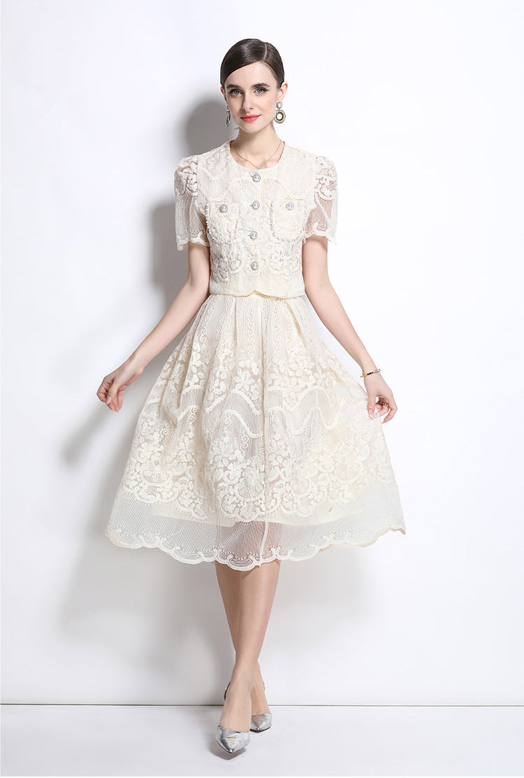 Vintage Floral Lace Two-Piece Button-Up Midi Dress