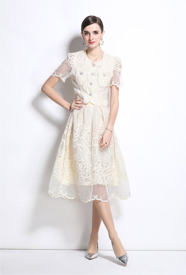 Vintage Floral Lace Two-Piece Button-Up Midi Dress