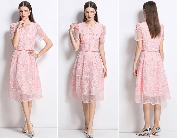 Vintage Floral Lace Two-Piece Button-Up Midi Dress