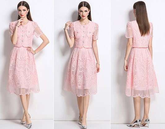 Vintage Floral Lace Two-Piece Button-Up Midi Dress