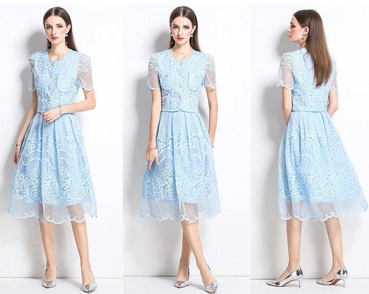 Vintage Floral Lace Two-Piece Button-Up Midi Dress