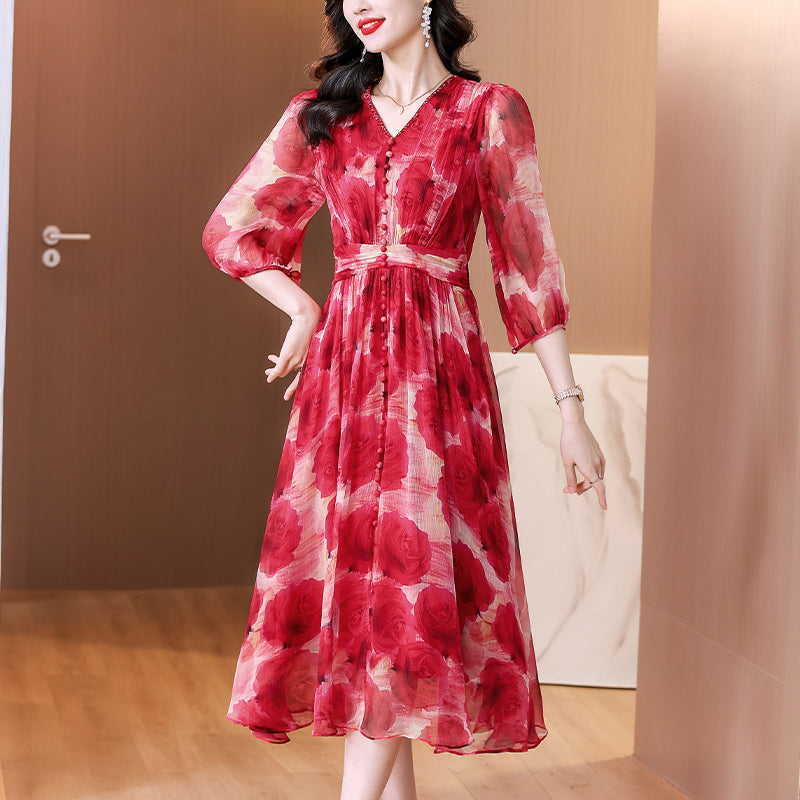 Scarlet Rose Chiffon V-Neck Midi Dress-Plus Size