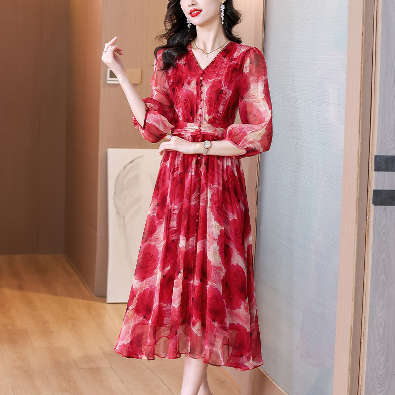Scarlet Rose Chiffon V-Neck Midi Dress-Plus Size