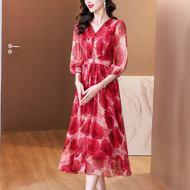Scarlet Rose Chiffon V-Neck Midi Dress-Plus Size