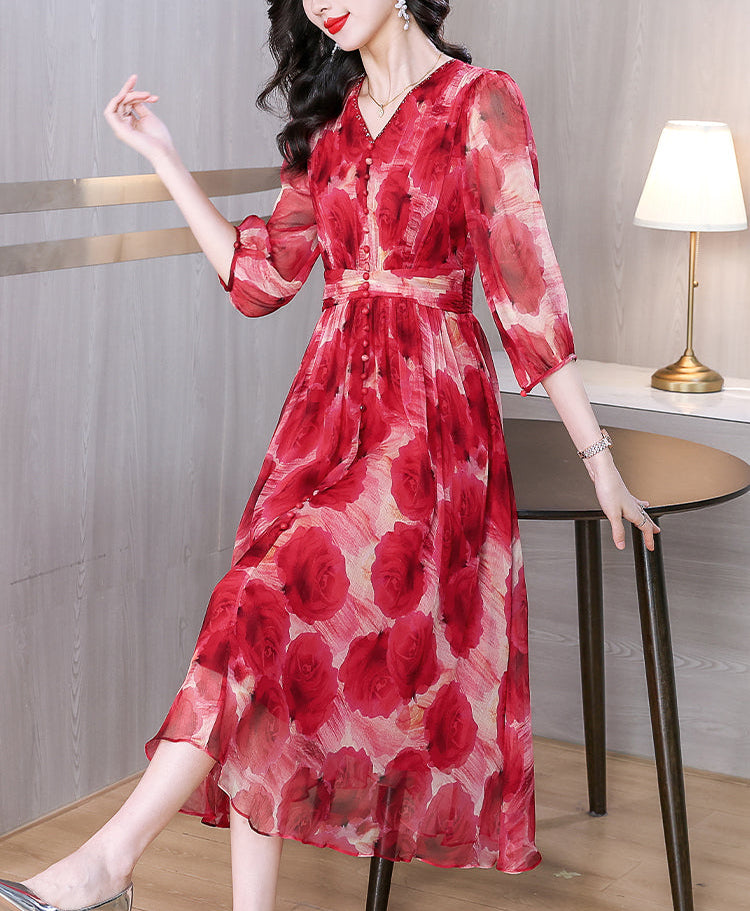 Scarlet Rose Chiffon V-Neck Midi Dress-Plus Size