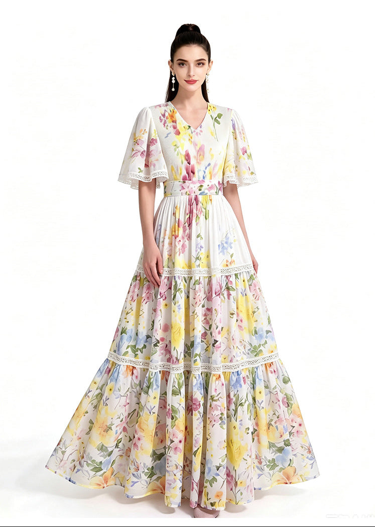 Secret Garden Floral Flutter-Sleeve Tiered Maxi Dress