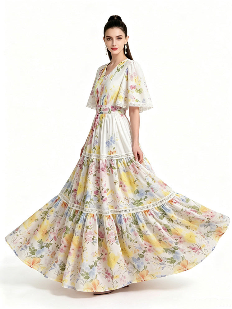 Secret Garden Floral Flutter-Sleeve Tiered Maxi Dress