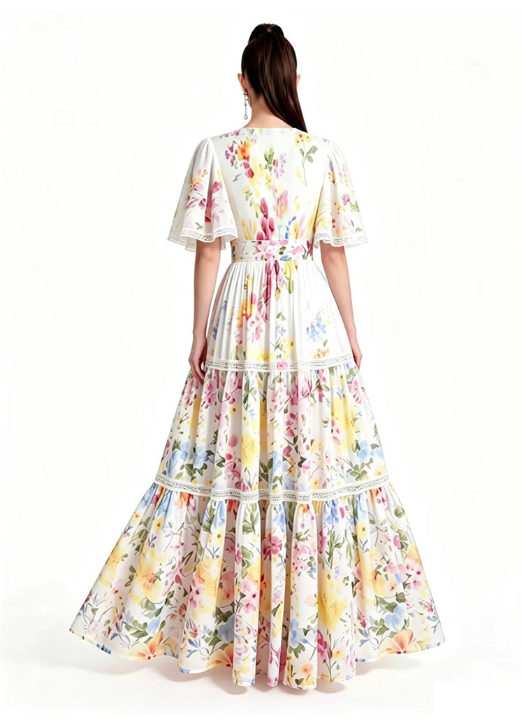 Secret Garden Floral Flutter-Sleeve Tiered Maxi Dress