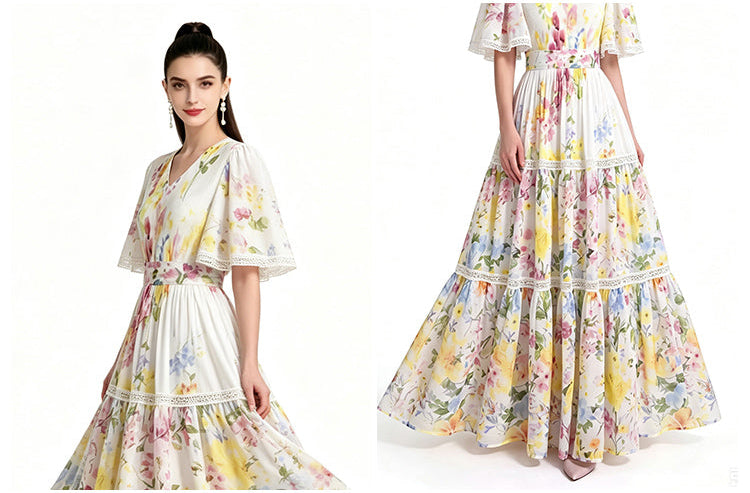 Secret Garden Floral Flutter-Sleeve Tiered Maxi Dress
