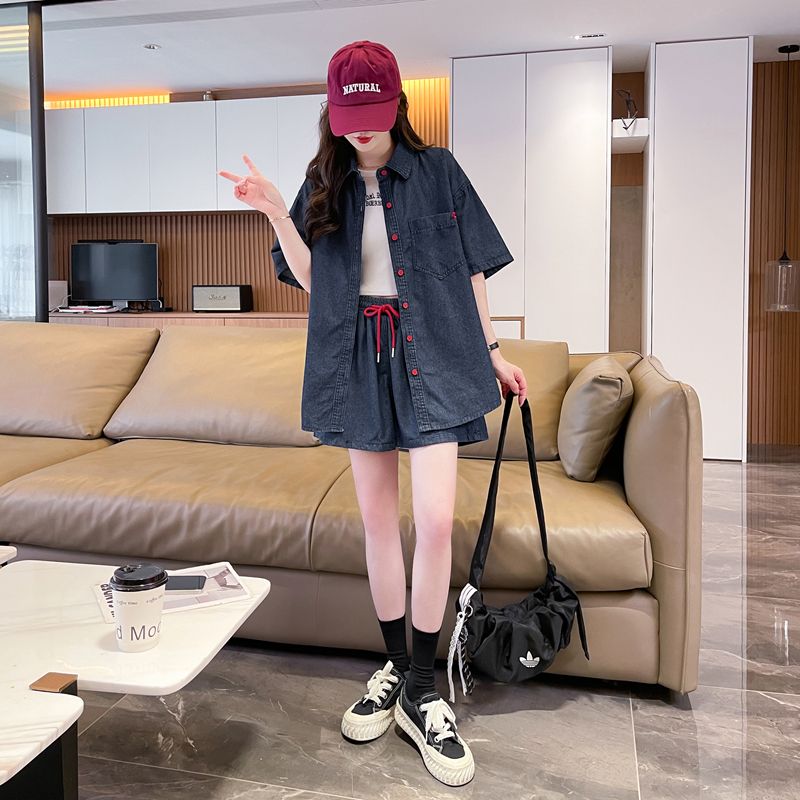 Seoul Loose Fit Denim Shirt & Drawstring Shorts Co-Ord
