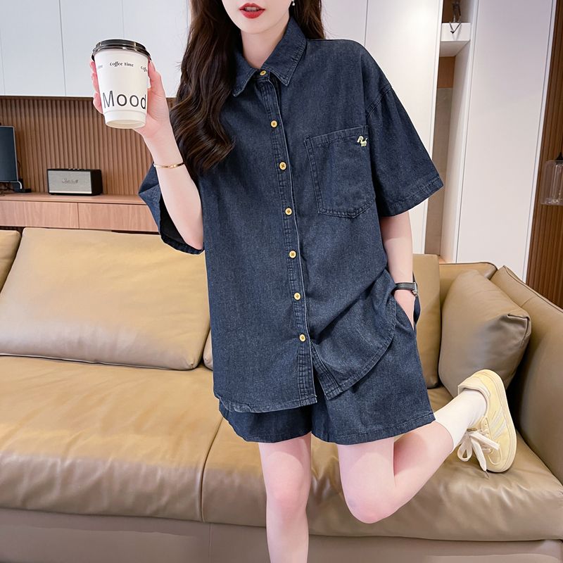 Seoul Loose Fit Denim Shirt & Drawstring Shorts Co-Ord