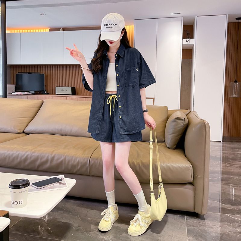 Seoul Loose Fit Denim Shirt & Drawstring Shorts Co-Ord