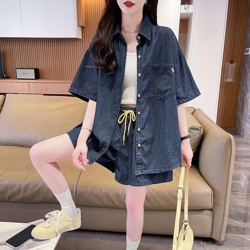 Seoul Loose Fit Denim Shirt & Drawstring Shorts Co-Ord