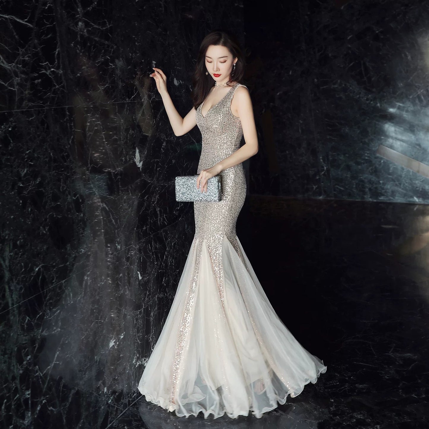 Luxury Sleeveless Sequin Trumpet Dress