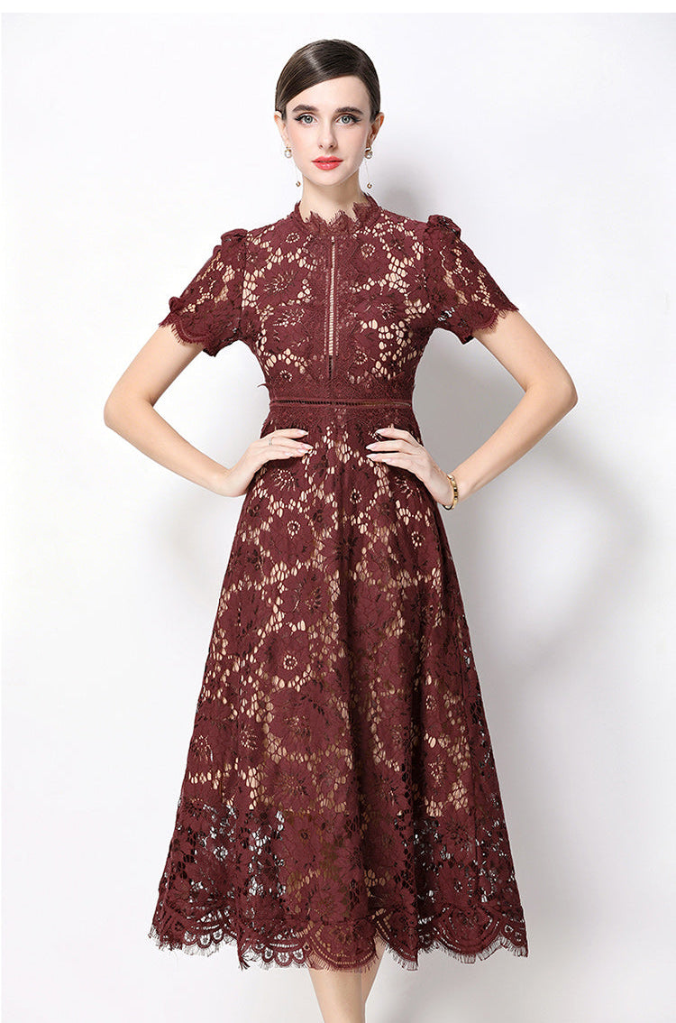 Floral Lace Mock Neck Short Sleeve Midi Dress